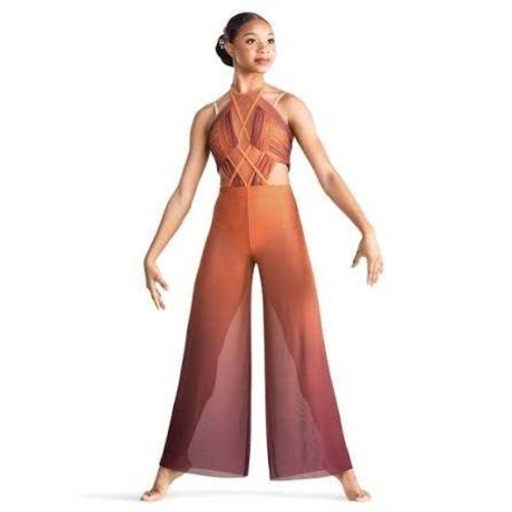 Tenth House Freefall Lyrical Dance Costume Wide Leg Jumpsuit M Burnt Sienna Mesh